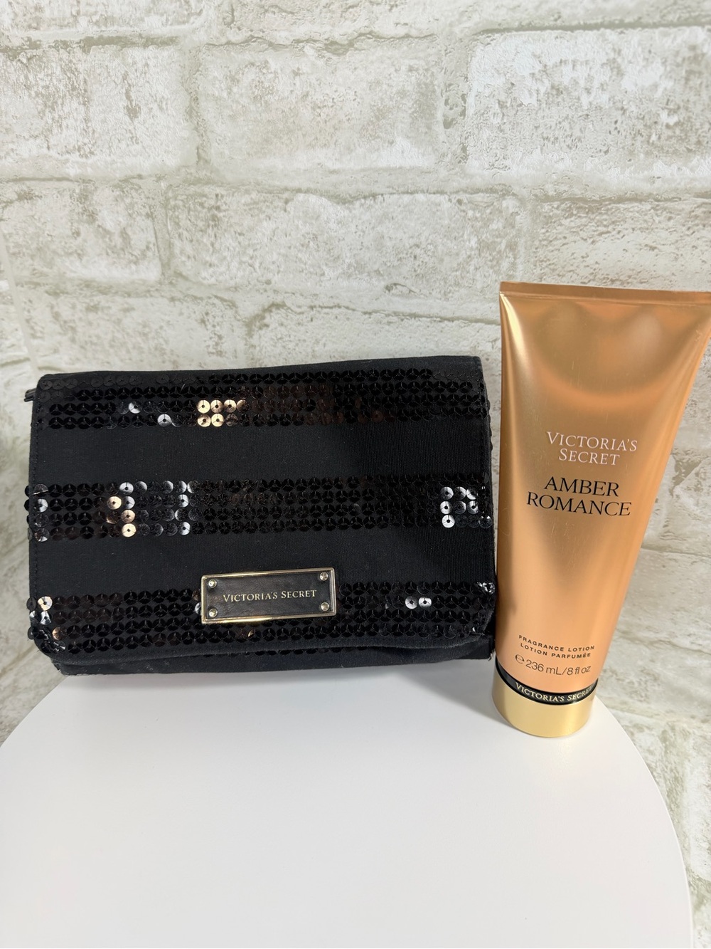 Victoria's Secret Set w/ Black Sequin Toiletry Bag & Amber Romance Body Lotion